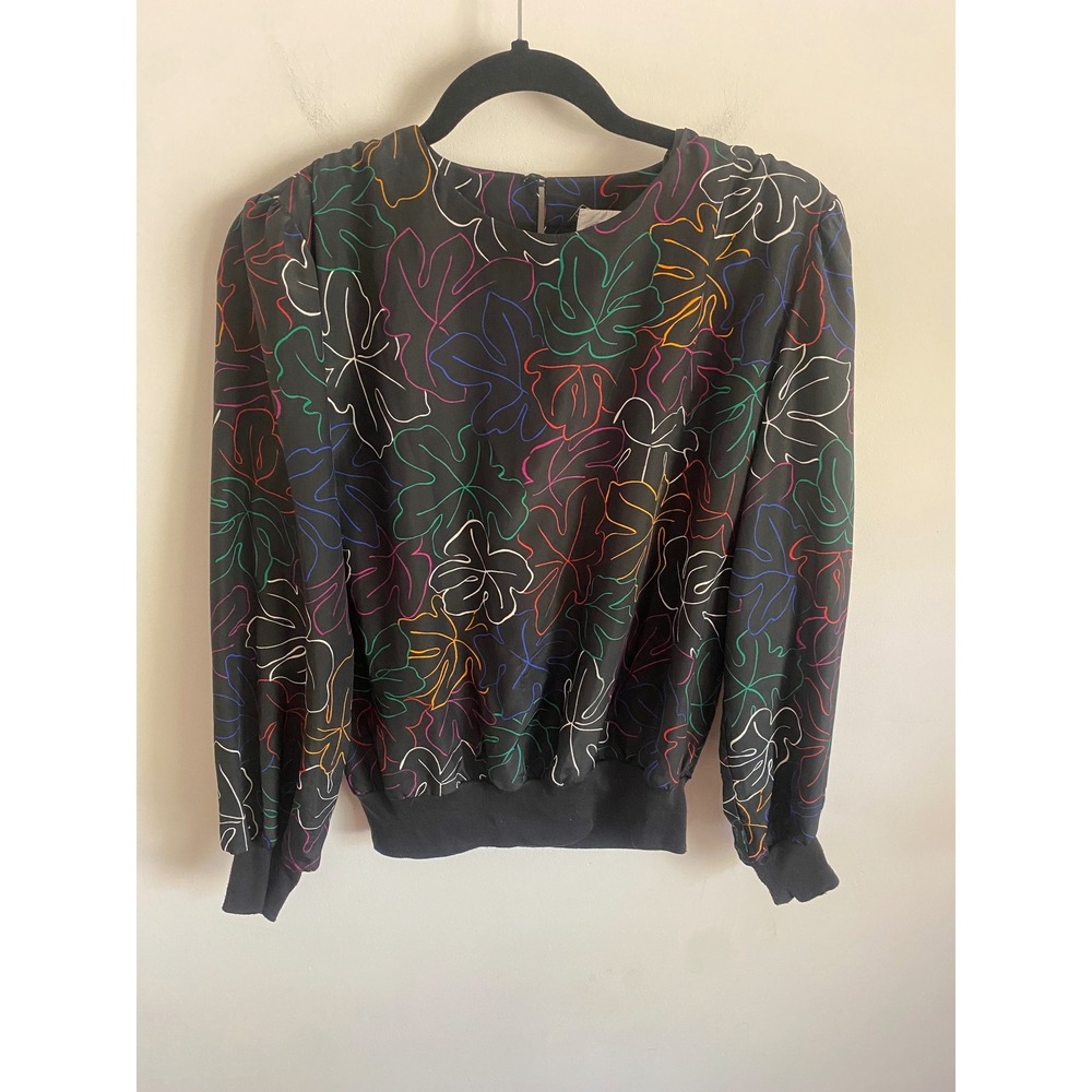 Shapely Vintage Black Neon Scribble Leaf Print Blouse Petite Long Sleeve 80s 90s